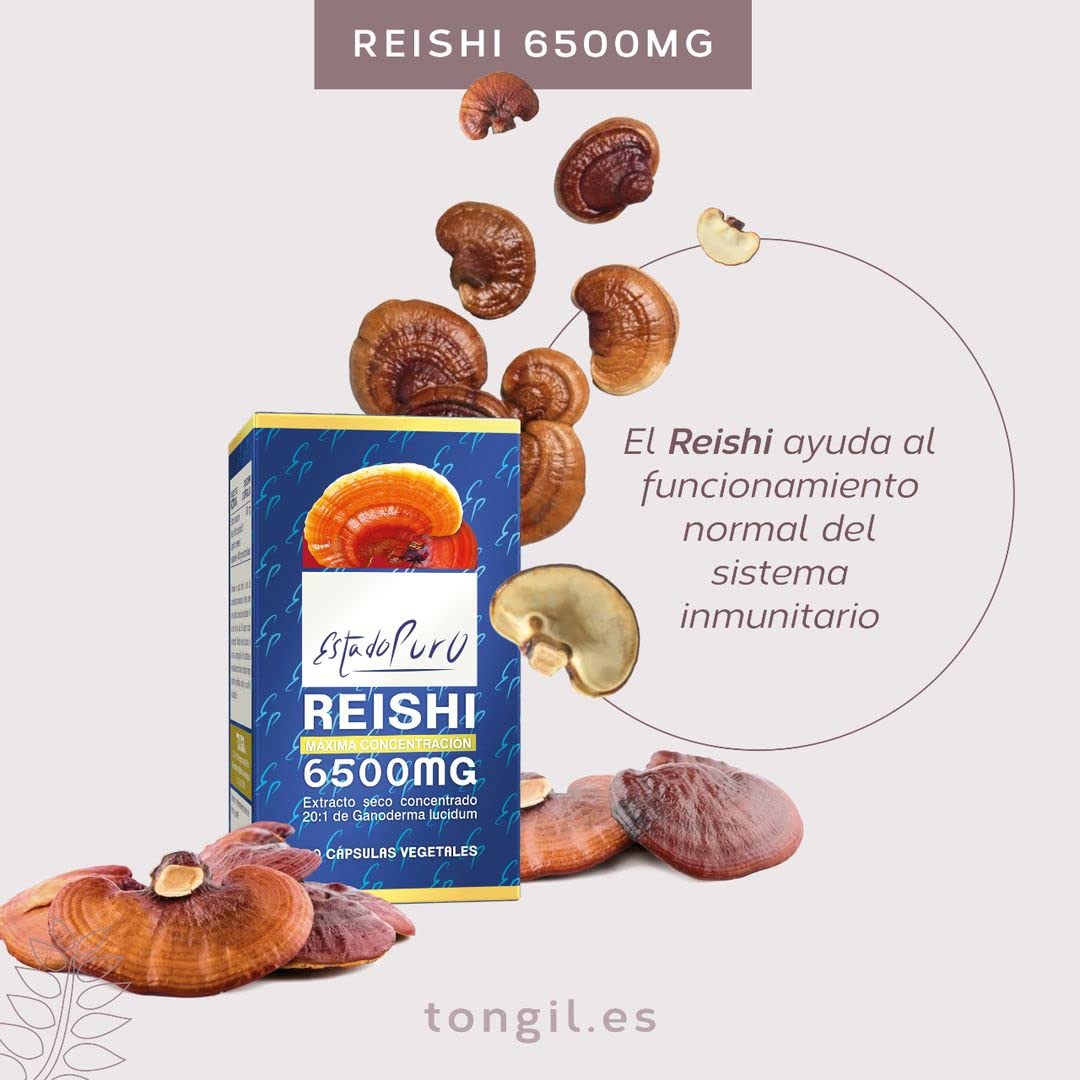 Reishi Estado Puro 6500mg con Vitamina C - Extracto Concentrado 20:1 de Hongo Ganoderma lucidum - Inmunidad y Antioxidante - 60 Cápsulas Vegetales de Tongil (Pack 3)