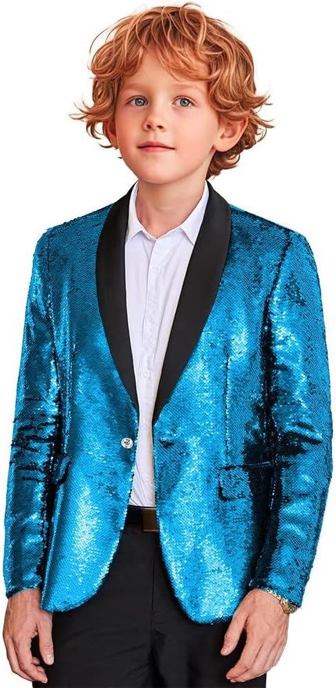 Boys Sequin Tuxedo Shiny Prom Suit Jacket Wedding One Button Blazer Slim Fit Tuxedo for Banquet Disco Prom