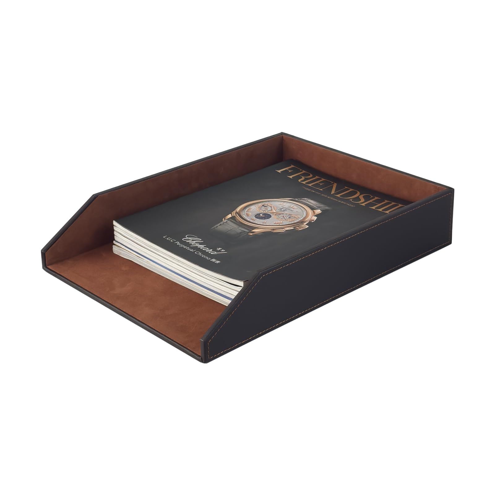 UnionBasic Stackable Document Paper Letter Tray, Faux Leather Desktop File Sorter Organizer Tray, Brown