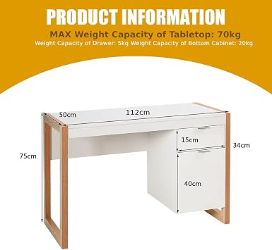COSTWAY Computer Desk, 112 x 50cm Wooden Study Table Writing Workstation with Drawer and Cabinet, Modern PC Laptop Table Gaming Working Desk for Home Office Bedroom（White+Natural）