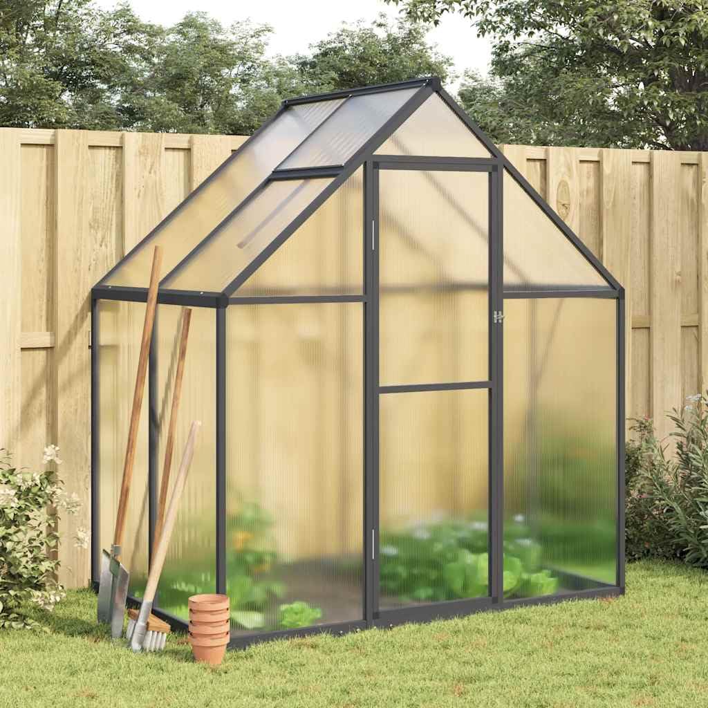 Serra con telaio di fondazione, antracite, 169 x 114 x 195 cm, in alluminio e policarbonato da 4 mm, resistente ai raggi UV, con finestra di ventilazione e porta a battente, per la