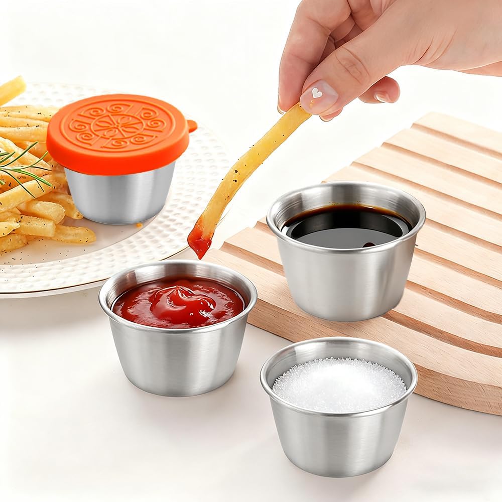 4PCS Small Condiment Containers with Leakproof Silicone Lids, 2.5oz Salad Dressing Container To Go, Reusable Stainless Steel Sauce Cups for Lunch Bento Box, Picnic and Travel - Orange