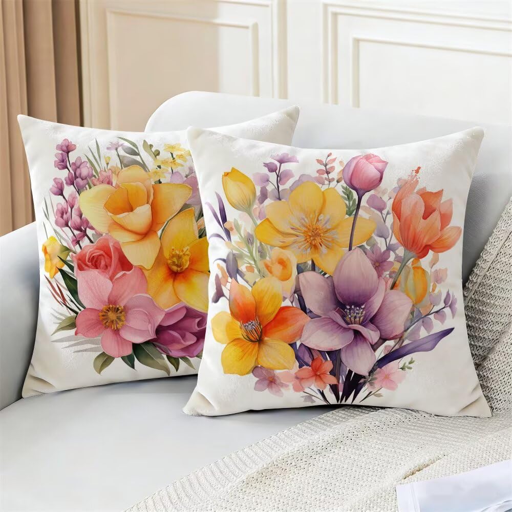 Federe Cuscini Divano 60x60 cm Federe Morbido Copricuscini Primavera in Velluto, 2 Pezzi Copri Cuscini per Divano Moderno Quadrati Decorativi Federa Cuscino Fiori per Camera da Letto Soggiorno (IU47)