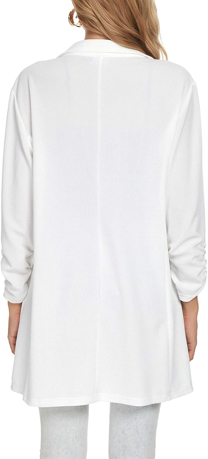 Unifizz Women's Ruched 3/4 Sleeve Blazers Open Front Lightweight Slim Lapel Button Long Blazer Work Office Jacket - Image 3