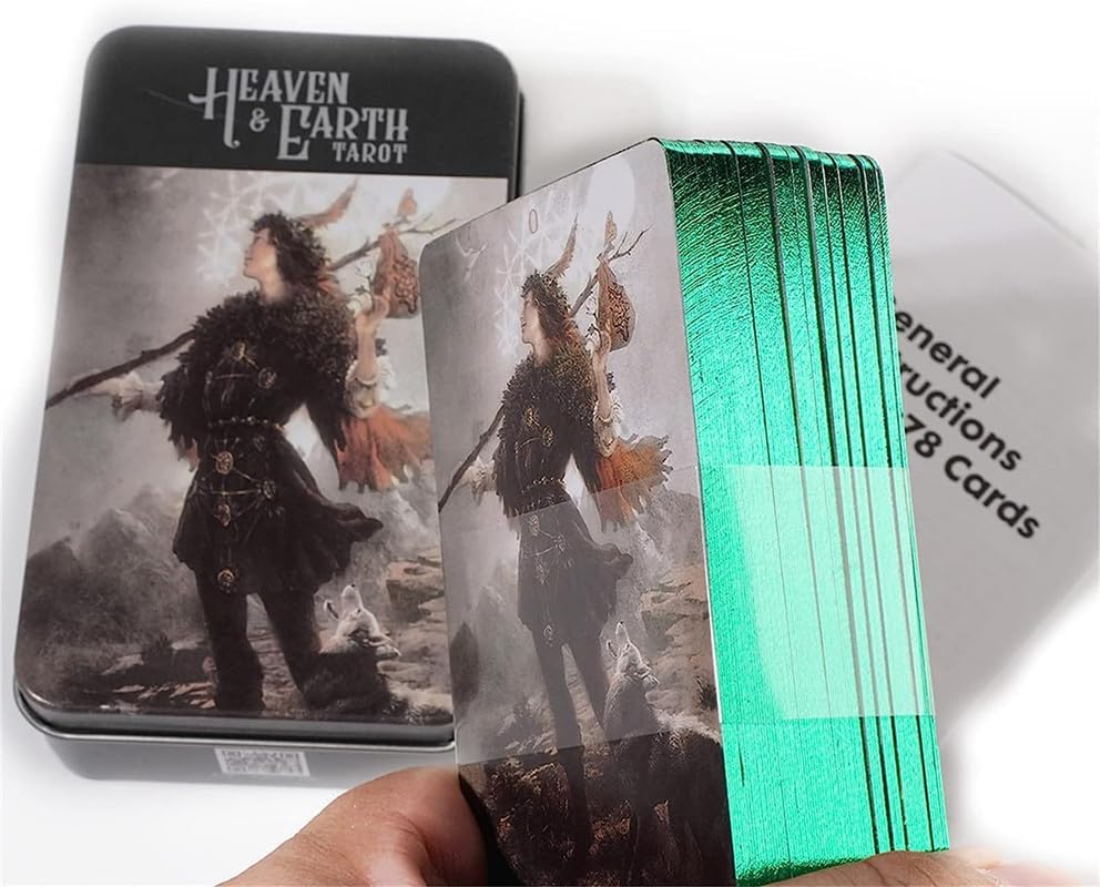 Image of Play New Heaven & Earth Tarot Cards in A Tin A 78-Card Game Deck Gilded Black (Limited Edition) 400 GSM Green Core Cardstock for Beginners (Design 10)