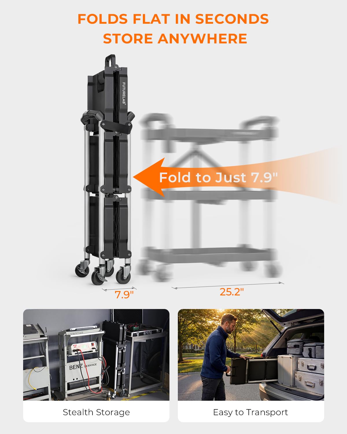 FUTURELAB Carrito de servicio plegable portátil, 3 niveles, capacidad de 330 libras, carrito plegable con ruedas para almacén, hogar, talleres, garajes, restaurantes, oficinas