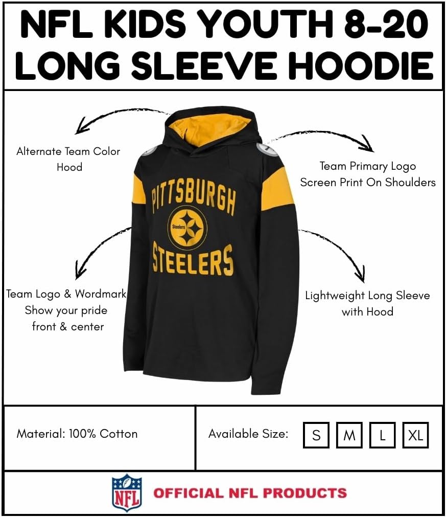 Outerstuff NFL Kids Youth 8-20 Official Licensed Team Color Primary Logo The Champ Lightweight Long Sleeve Football Hoodie