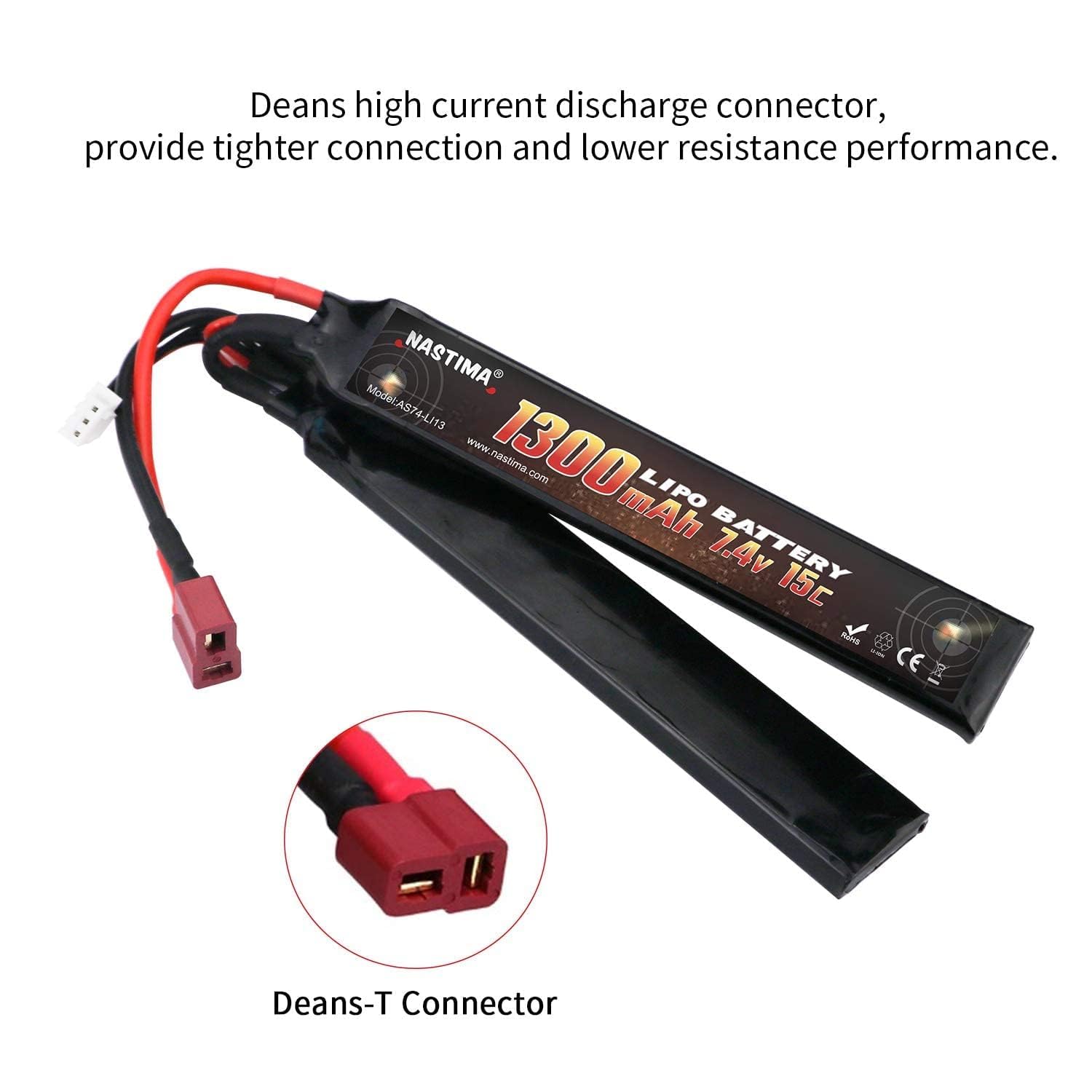NASTIMA 7.4V 1300mAh Airsoft Lipo Batteria,2S 15C Batteria A Farfalla Compatibile Con Connettore Deans-T Per Pistole Airsoft AK47, MP5K, MP5, Scar, M249, AUG, AEG