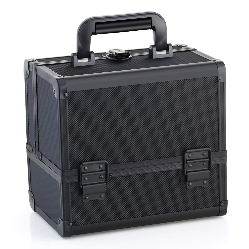 OUDMAY Makeup Case - Professional Portable Aluminum Cosmetics Storage Box With Locks and Mirror 3-Deck Folding Trays Punctate Black