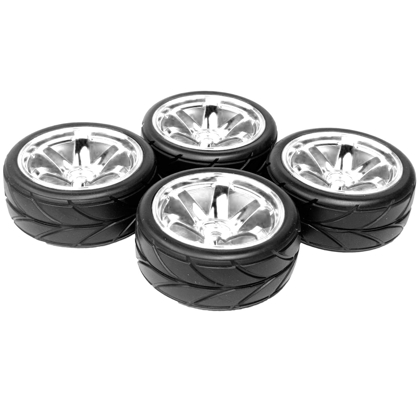 WONFAST 4PCS 64mm RC On Road Rubber Tires and Plastic Plating Wheel Rims Set Replacement Part for 1/10 RC Run-flating Touring Racing Drift Car Tyre(6Spoke-Silver,Offset:6mm)