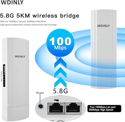 Miniatura 2 de WDINLY 5.8G 2KM 450Mbps Wireless Bridge Outdoor Ethernet, WiFi Bridge CPE Extender Point to Point Outdoor Long Range with Ethernet Port, Ideal for