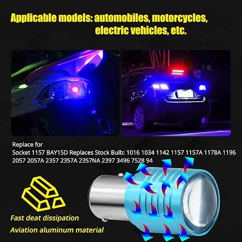 Miniatura 6 de Bombilla LED 1157 para motocicleta, luz estroboscópica azul con largo alcance, BAY15D 2057 2357 7528 1 LED de alta potencia con proyector para