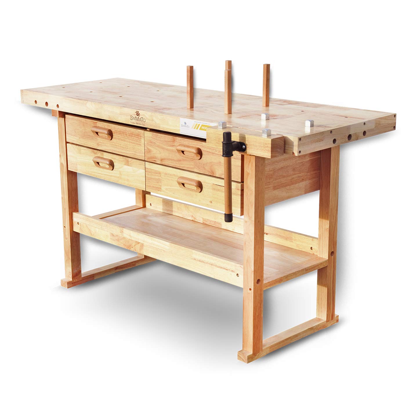 BAMATO Hobelbank WORK-1640 Werkbank Massivholz Holzhobelbank mit Schubladen | Massivholz Hobelbank mit 1520x500mm Arbeitsplatte | Inkl. 4 große Schubladen, 8 Bankhaken & 6-fach verstellbarer Spannzange