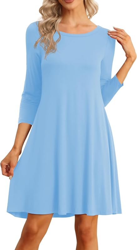 VIISHOW Womens Round Neck 3/4 Sleeves A-line Casual Tshirt Dress with Pocket