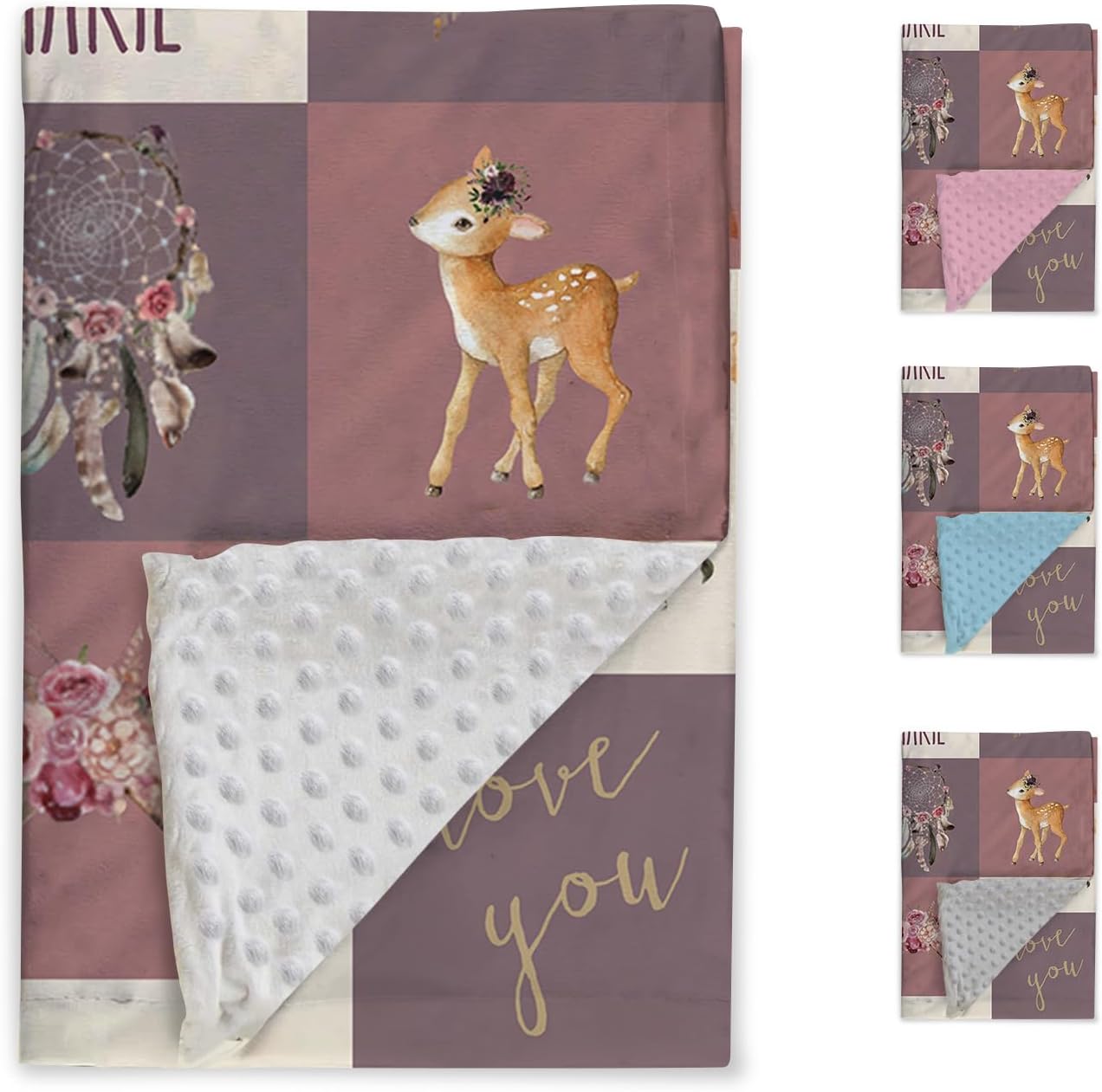 Personalized Baby Blanket - Custom Name Plaid Blankets with Deer Design - Soft Plush Flannel Blanket with Double Layer Dotted Backing for Boys Girls Gift Color06