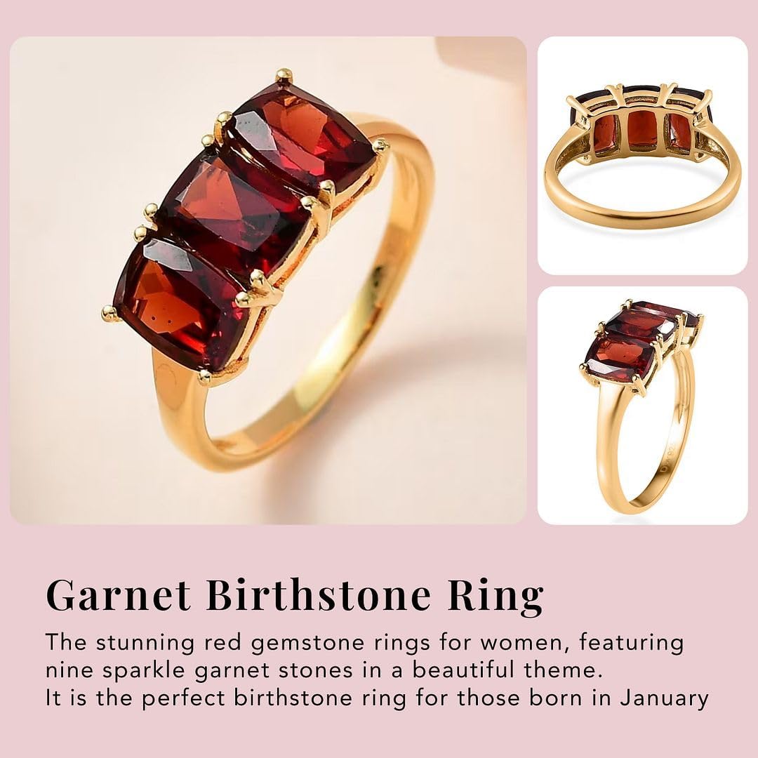3 Stone Garnet Rings for Women in 925 Sterling Silver with 14K Gold Plating - January Birthstone Promise Engagement Ring Vintage Red Garnet Jewelry Valentines Day Gifts for Womens - Image 3