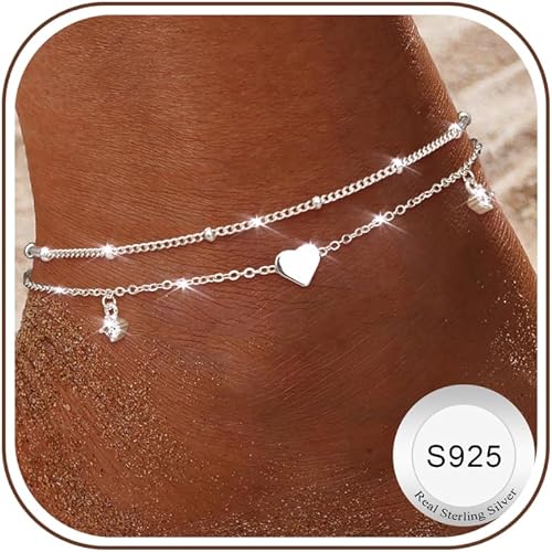 Finrezio Tobillera de Ley 925 Plata Mujer Pulsera Tobillera Corazón