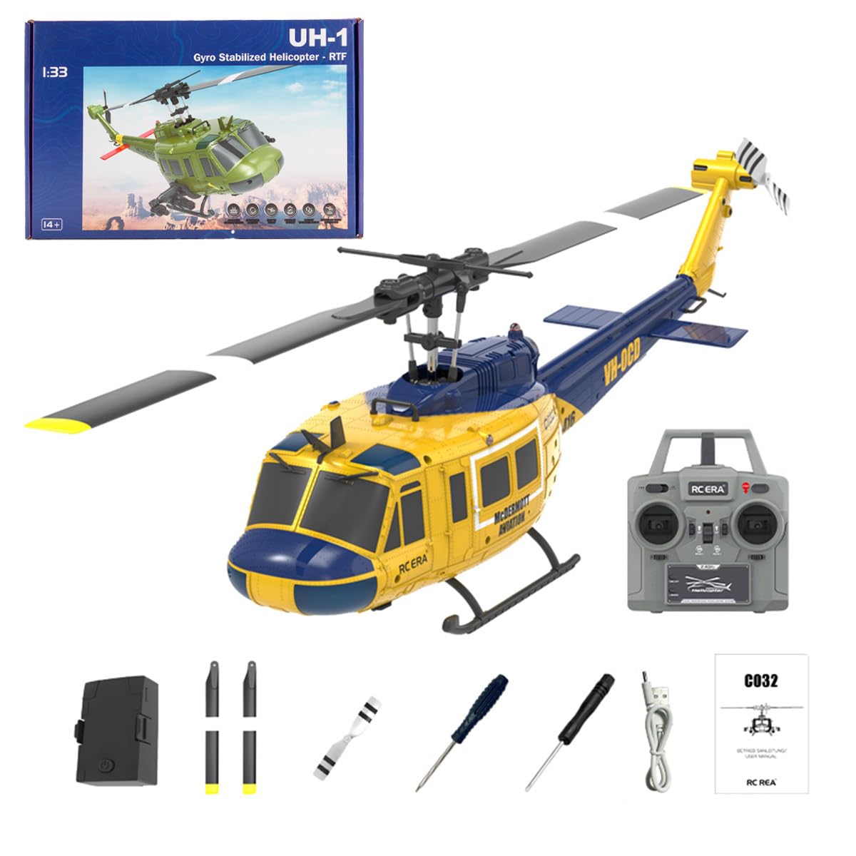 Elicottero telecomandato in scala 1/48 per adulti, UH-1 Huey 2.4G 6CH Flybarless RC elicottero modello, con posizionamento del flusso ottico, giallo-blu