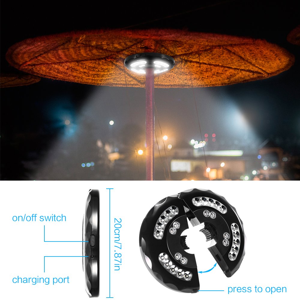 Luces para Sombrillas, Lámpara Exterior para Sombrilla 28 LEDs 400 Lumens USB Recargable 3 Modos de Iluminación, Luces Sombrilla de Patio Lámpara Paraguas Para Piscina, Patio, Terraza, Jardín y Playa