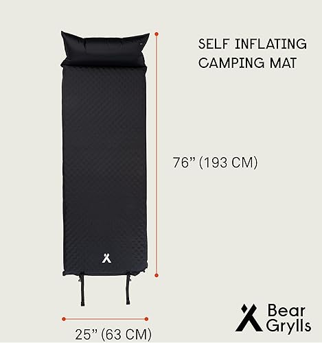 Miniatura 2 de Bear Grylls Colchoneta de dormir autoinflable para acampar con almohada, ligera y inflable con acolchado adicional y desinflado rápido, no necesita
