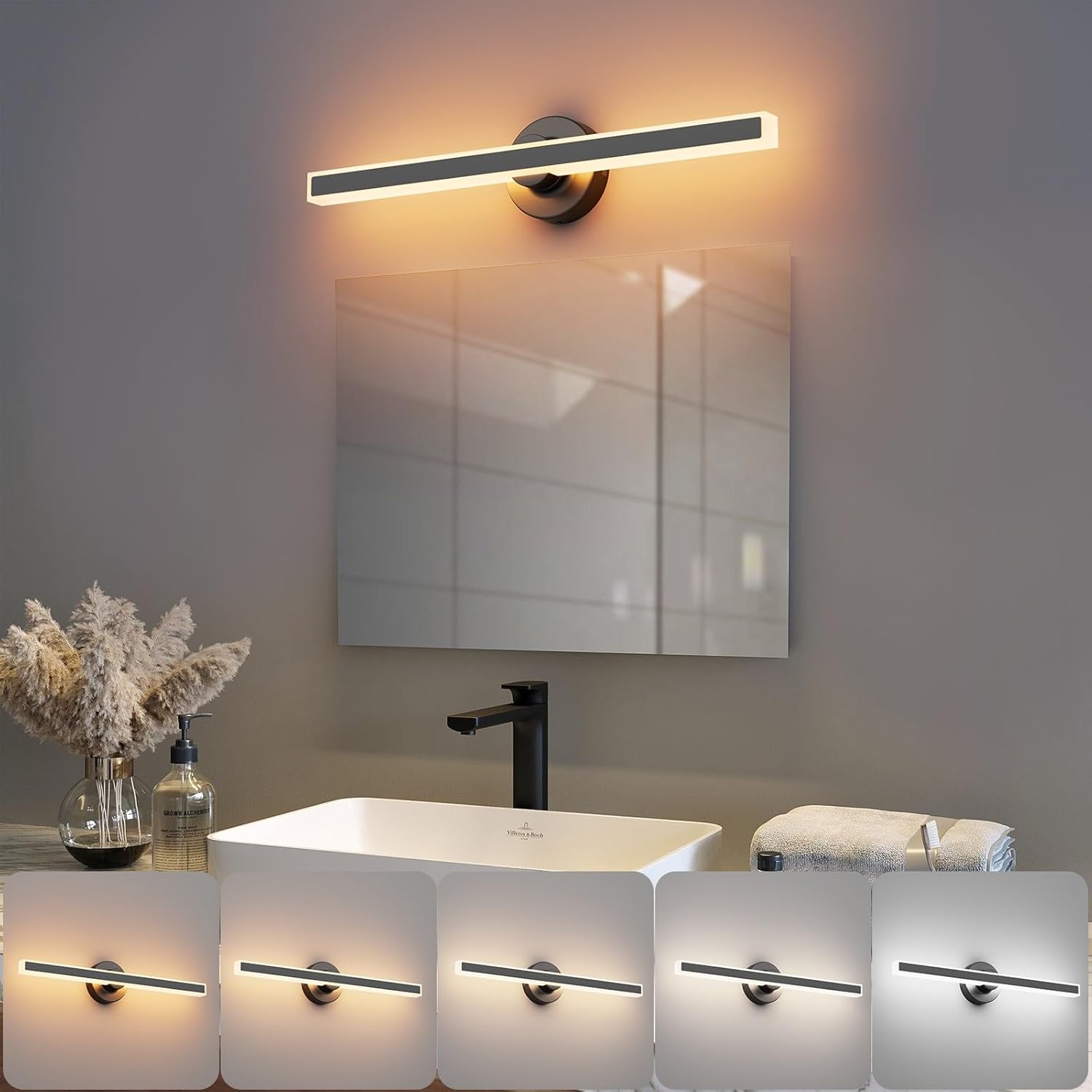 Modern Bathroom Vanity Light 23.6In 5CCT Dimmable LED Bathroom Light Fixture Over Mirror Black Bar Vanity Light for Bathrooms Mirror