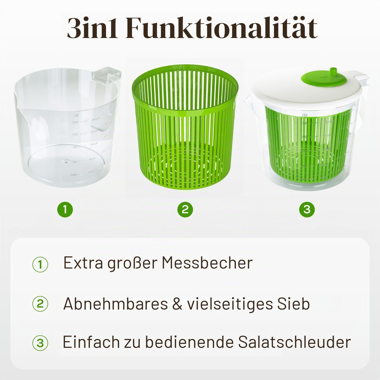 Cooler Kitchen Kleine Salatschleuder 2,5 Qt für Einzelportionen – Mini Salatschleuder und Trockner mit Messbecher – Sieb mit Waschkorb für Obst und Gemüse – Gemüsewascher Küchenhelfer