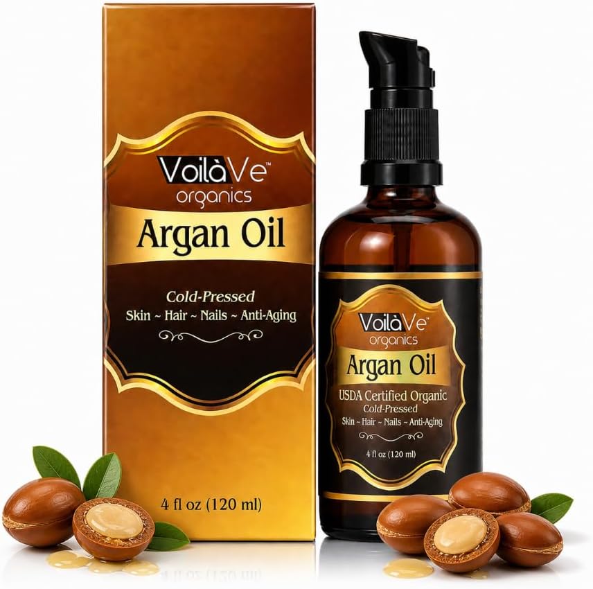 VoilaVe USDA Pure Organic Moroccan Argan Oil for Skin, Nails & Hair Growth, Anti-Aging Face Moisturizer, Cold Pressed, Hair Moisturizer, Rich in Vitamin E, As Seen On TV - 4 fl oz
