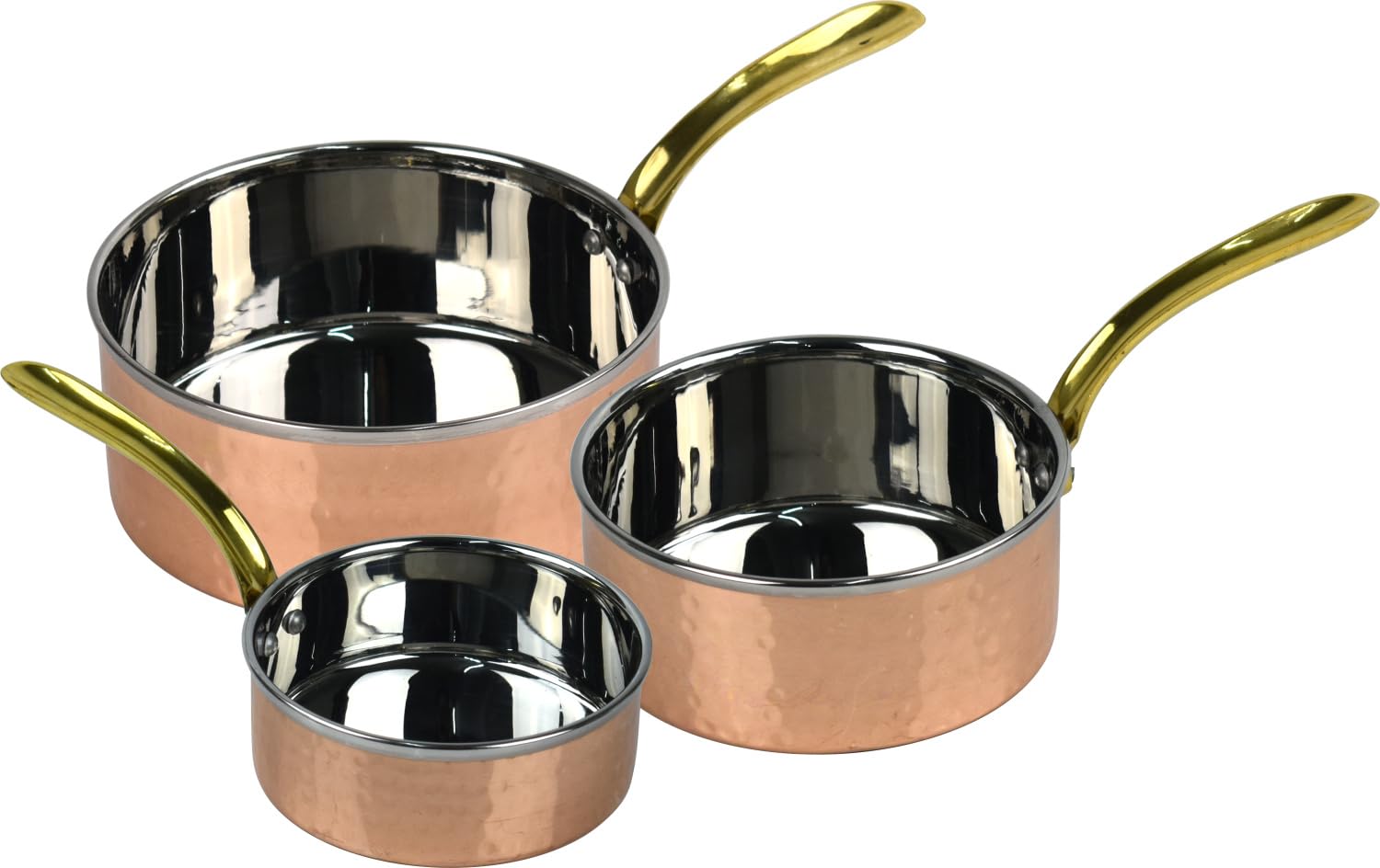 – Copper Sauce Pan Set 3 Pieces Stainless Steel with Hammered Copper Brass Handle for Cooking & Serving (3X 300ml, 530ml, 850ml Capacity)