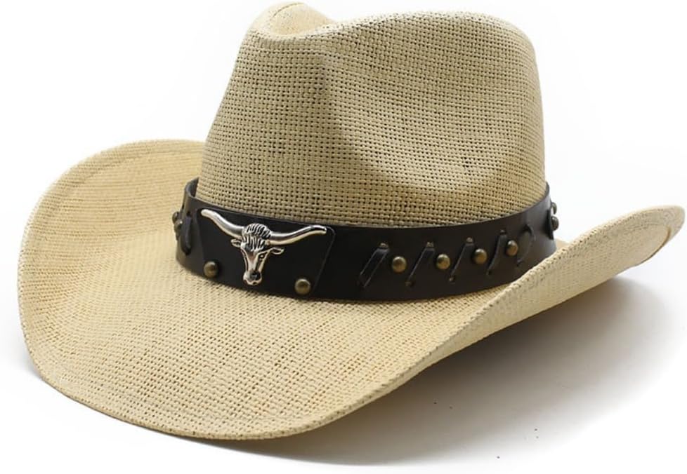 Western Cowboy Hat with Leather Band, Bull Head Emblem, Natural Straw, Wide Brim
