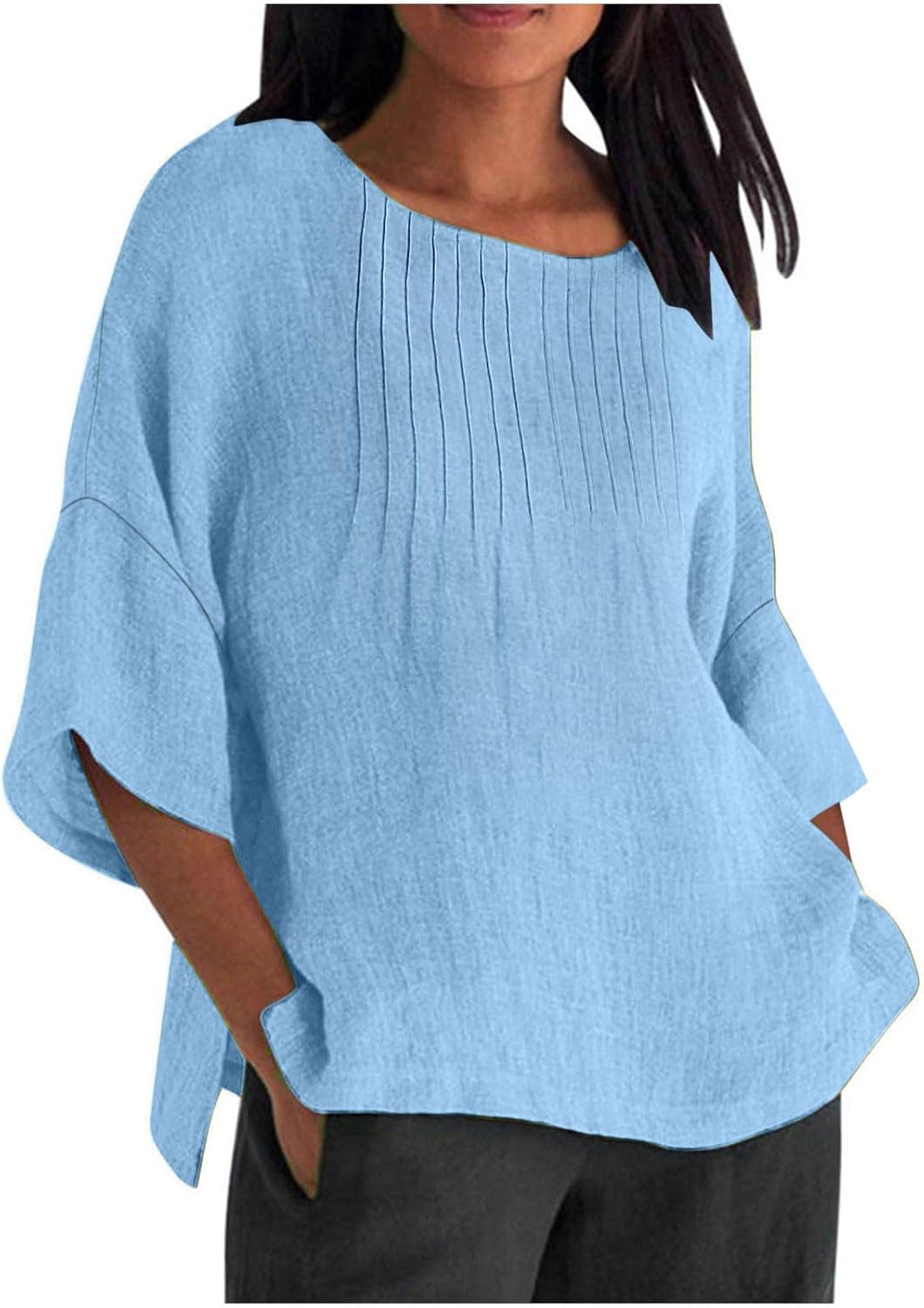 3/4 Length Sleeve Womens Tops Cotton Linen Summer Shirt Crew Neck Casual T Shirts Solid Color Blouses with Side Slits