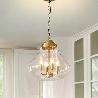 Industrial Gold Glass Chandelier Farmhouse Candle Chandeliers Modern Glass Refined Pendant Light Height Adjustable Glass Lampshade 4 Light for Dining Room Living Room Foyer Gold