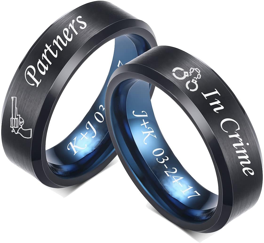 MZZJ Personalized 6MM Couple Matching Ring Band Set Brushed Finish 2 Tone Ice Blue Inside Tungsten Carbide Beveled Edges Rings Engagement Ring Wedding Band for Boyfriend Girlfriend