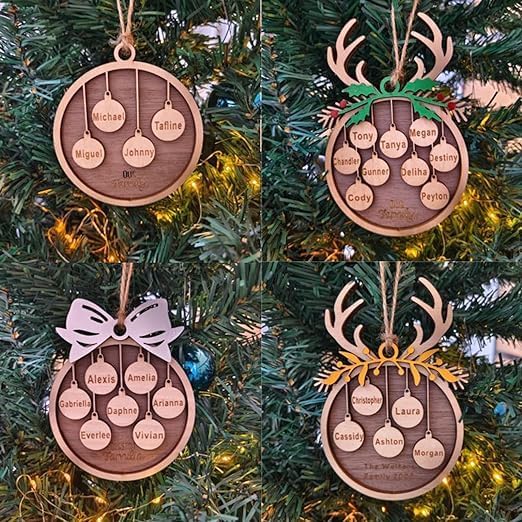 Miniatura 6 de YRH Adornos de Navidad personalizados con nombres de familia, 1-9 nombres, 1 pancarta inferior (4 adornos de Navidad de estilo)
