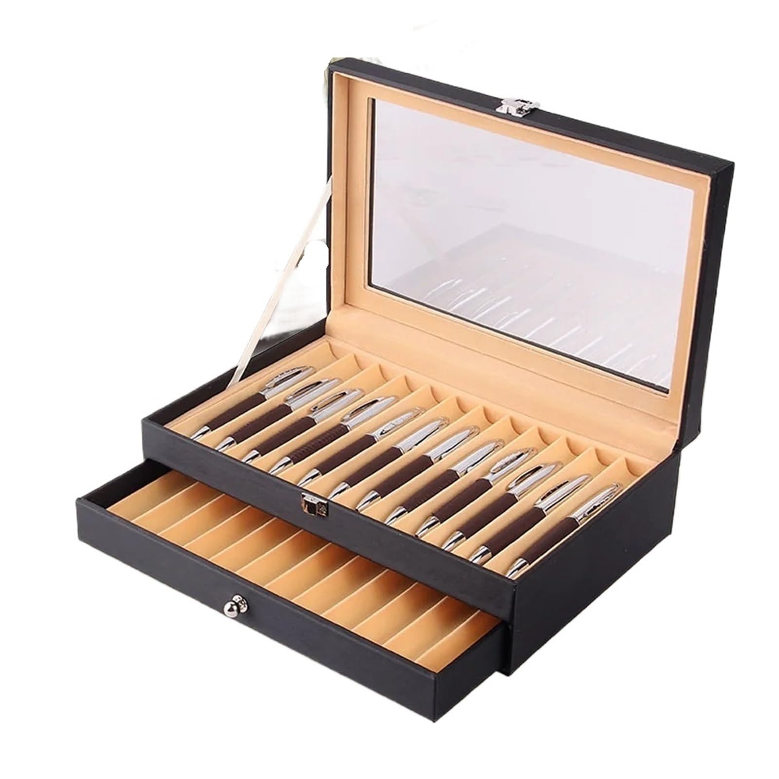 Ladfrtyu Color-01 Fountain Pen Holder Fountain Pen Leather Storage 24 Display Case Capacity Flannel Drawer Type Collector Organizer Box
