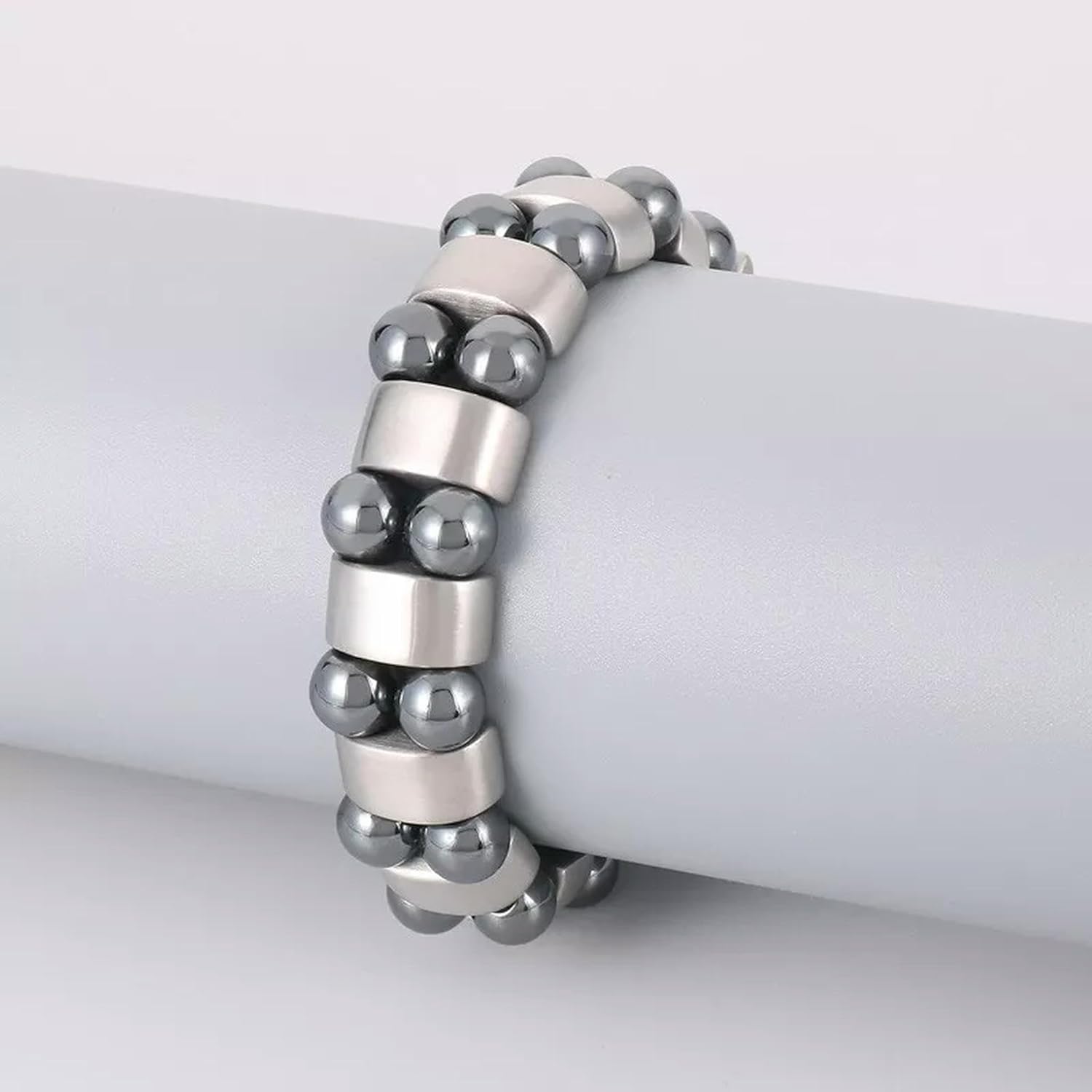 Cool Double Gray Iron Stone Bead Stainless Steel Link Chain Bracelet 15mm 8.26''