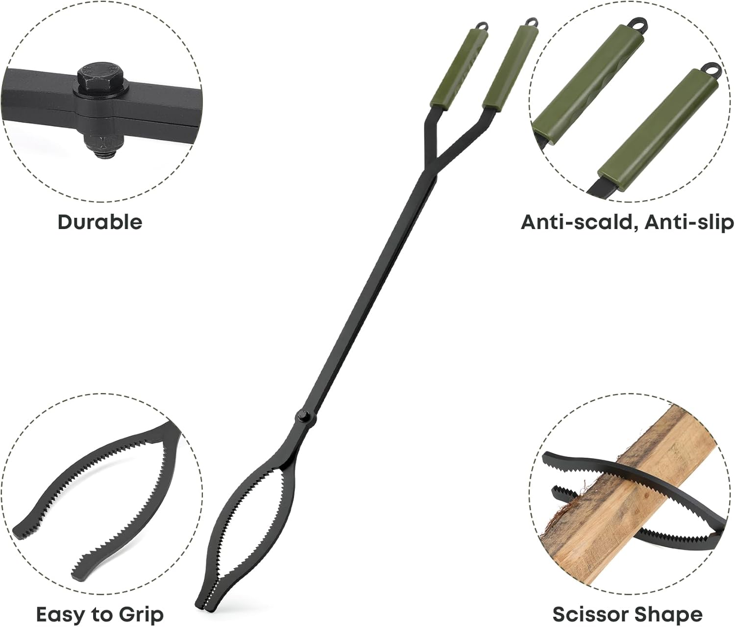 Stanbroil 3Pcs Fire Pit Tools Set, 40" Fire Poker and Fire Log Tongs Shovel, Wrought Iron Large Fireplace Tools Set with Metal Base and Rubber Handle for Campfire Bonfire