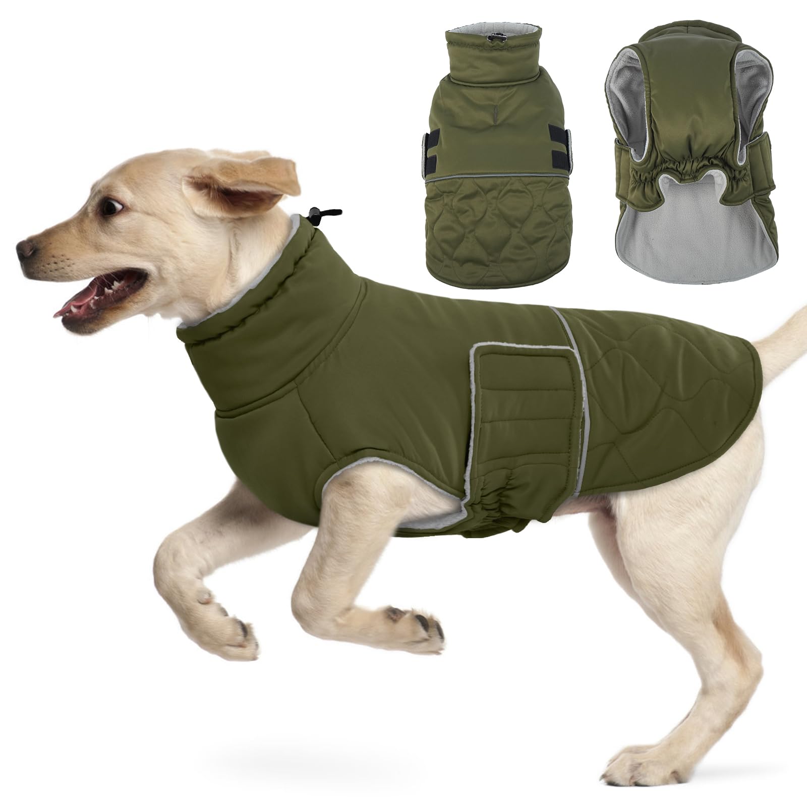 Hjumarayan Large Dog Coat - Quilted Dog Winter Coats Water-resistant, Harness Hole, Reflective, Warm Jacket Fleece Lined for Large Golden Retriever, Labrador, Bernese Mountain (Army Green XXXL)