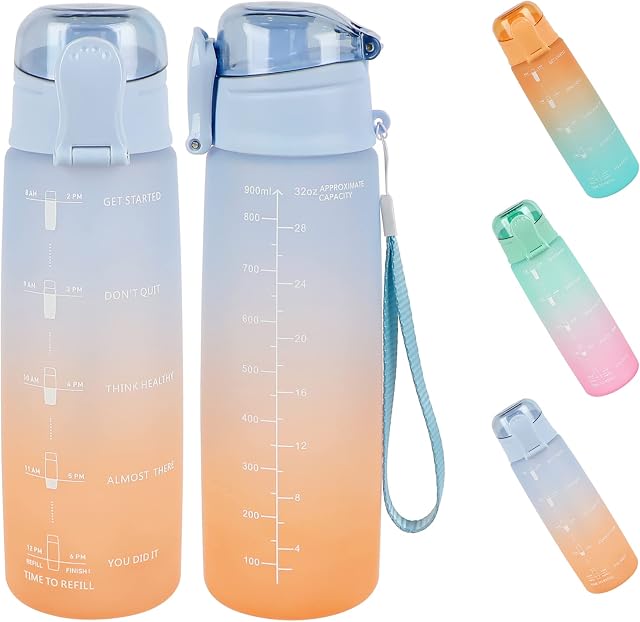 Yeahshion 1 Litre Water Bottle, Sports Motivational Water Bottles with Time Markings, Leak Proof BPA Free Plastic Drinks Bottle for Gym, School, Hiking, Outdoor, Purple-Orange