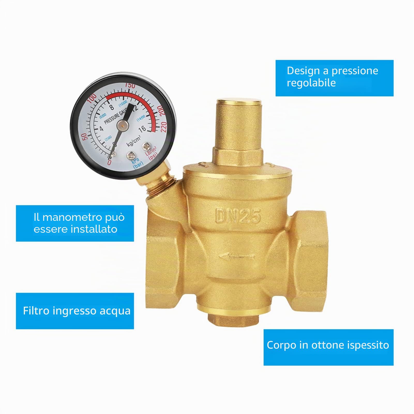 DN25 Ottone Regolatore di Pressione Acqua Regolabile Riduttore Manometro,