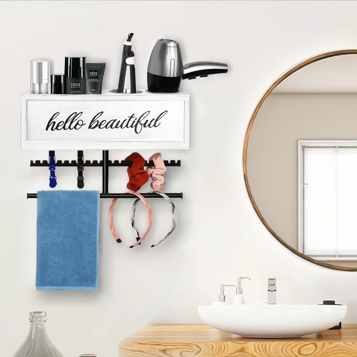 Soporte rústico para secador de pelo montado en la pared, organizador de herramientas y accesorios para peinar el cabello, suministros de baño y herramientas calientes, organizador de tocadores, para
