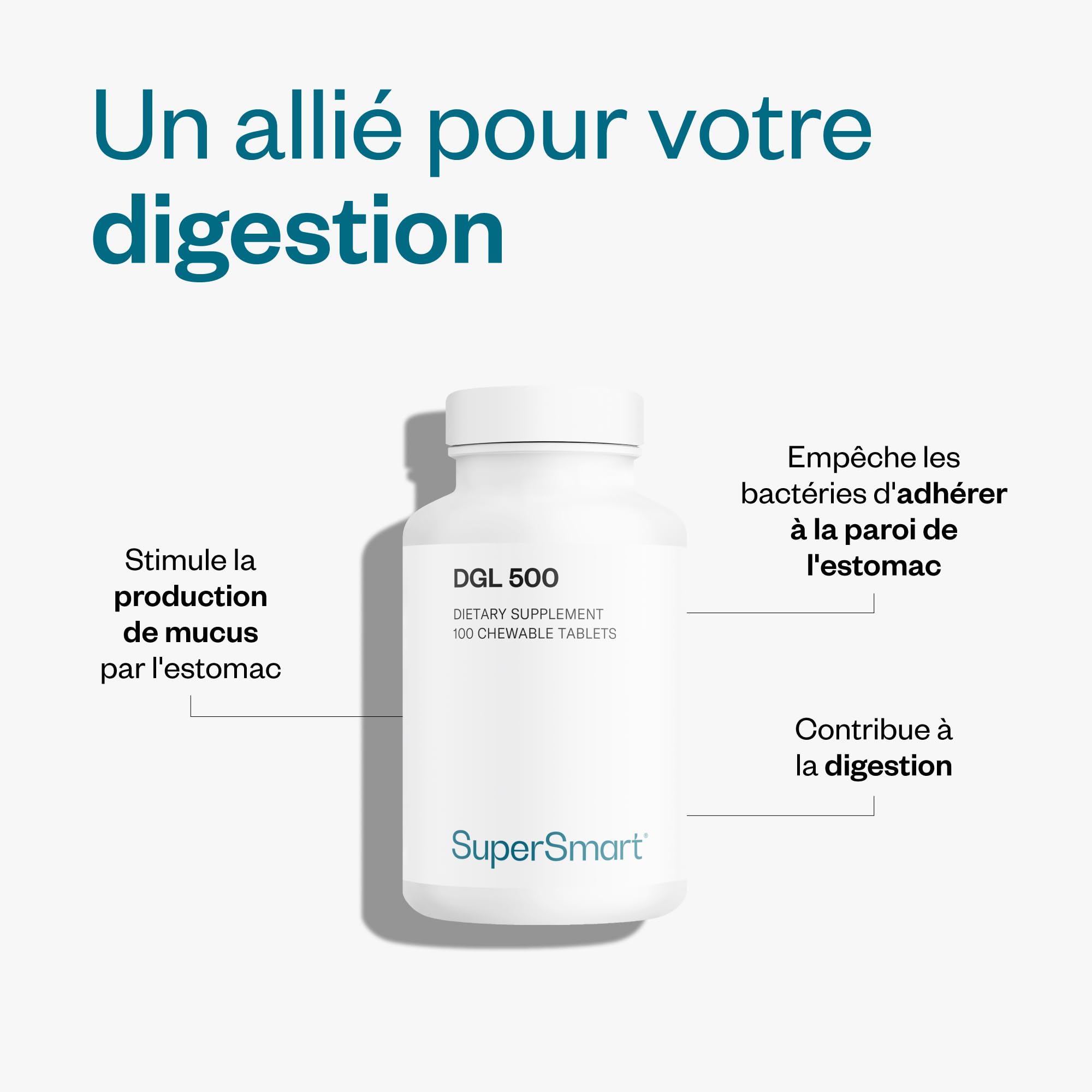 DGL 500 - Extrait de Racine de Réglisse - Reflux Gastro-Intestinal - Contribue à Réduire les Reflux Acides, Douleurs Gastriques, Nausées - Comprimés à mâcher - Vegan - Sans Gluten - Supersmart