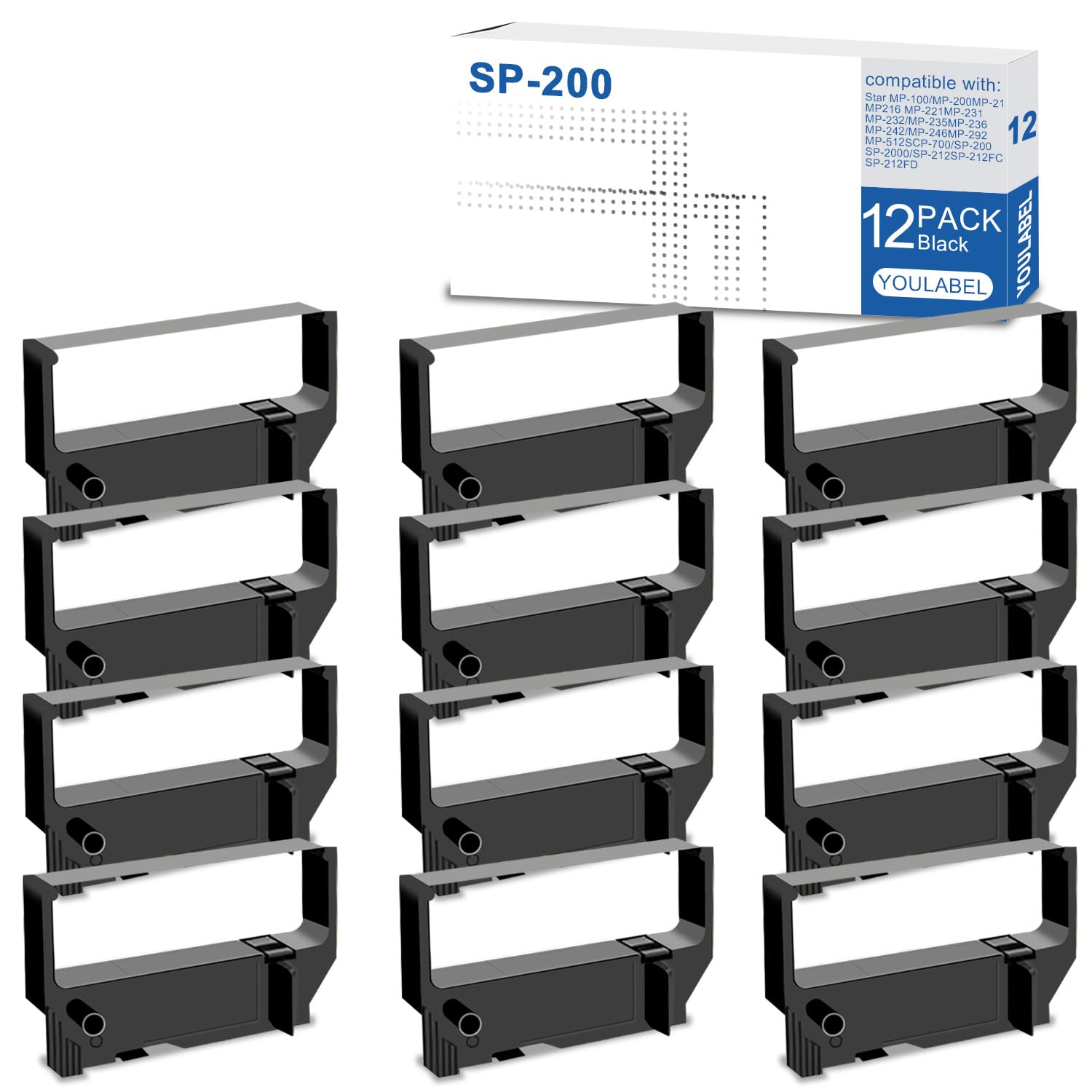 SP200 - Cinta de tinta negra de repuesto para cinta Star SP200 utilizada con Star Micronics SP200 SP-200BK SP-500 SP-2000 SP-512 SP-542 SP-2360 RC200 impresora POS de recibos (paquete de 12)
