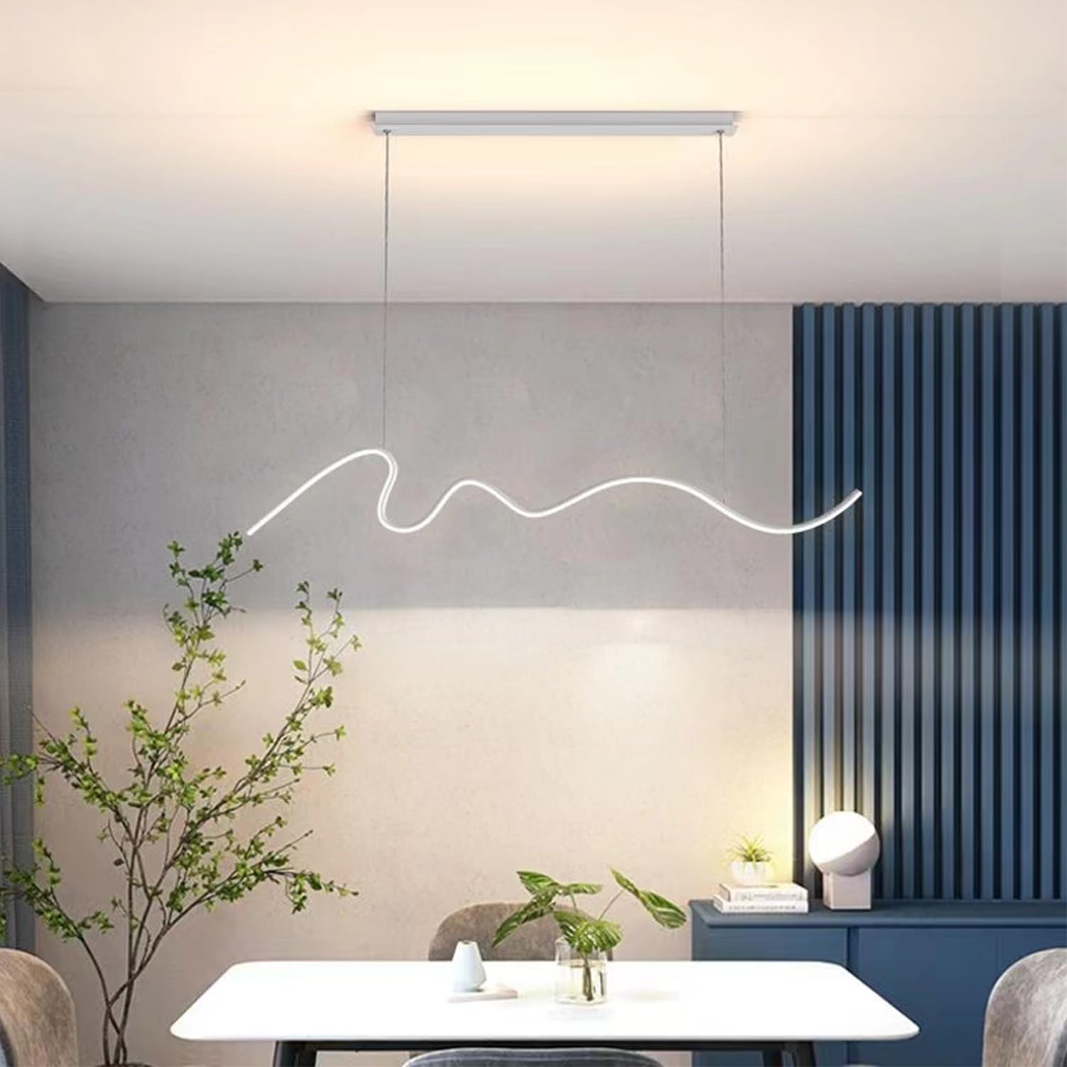 Modern pendant lamp LED pendant lamp dining table dimmable with remote control pendant lamp Linear design kitchen lamp hanging for dining room kitchen office dining table lamp (White, L150cm)