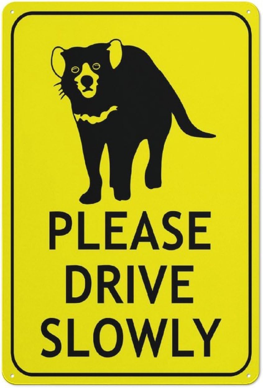 Tasmanian Devil Please Drive Slowly Bright Yellow Rust Free Aluminum Sign - UV Printed, Weatherproof Decor with Pre-Drilled Holes for Home, Business - 12x8 Inch​