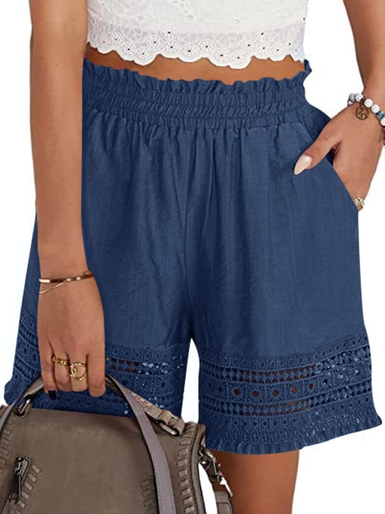 Shorts for Women Casual Elastic Waist Yoga Lounge Shorts Comfy Stretch Lace Trim Summer Beach Linen Ruffle Shorts