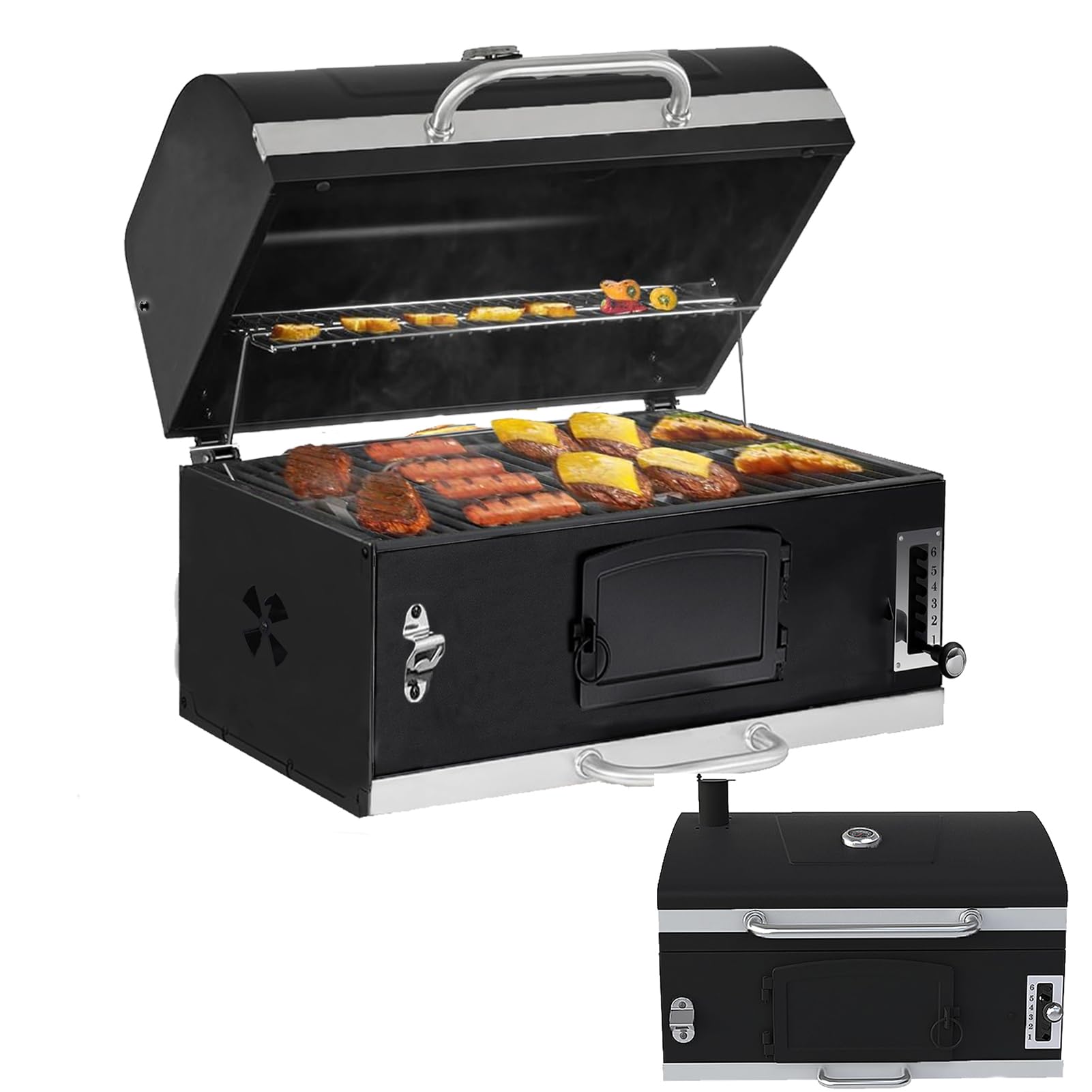 Built-in Charcoal bbq Grill, 480 Square Inches Barbecue Grills with Liftable Tray, Insulated Hood & Temp Gauge, Black Stainless Steel Charcoal BBQ Barrel Grill for Outdoor Kitchen Camping