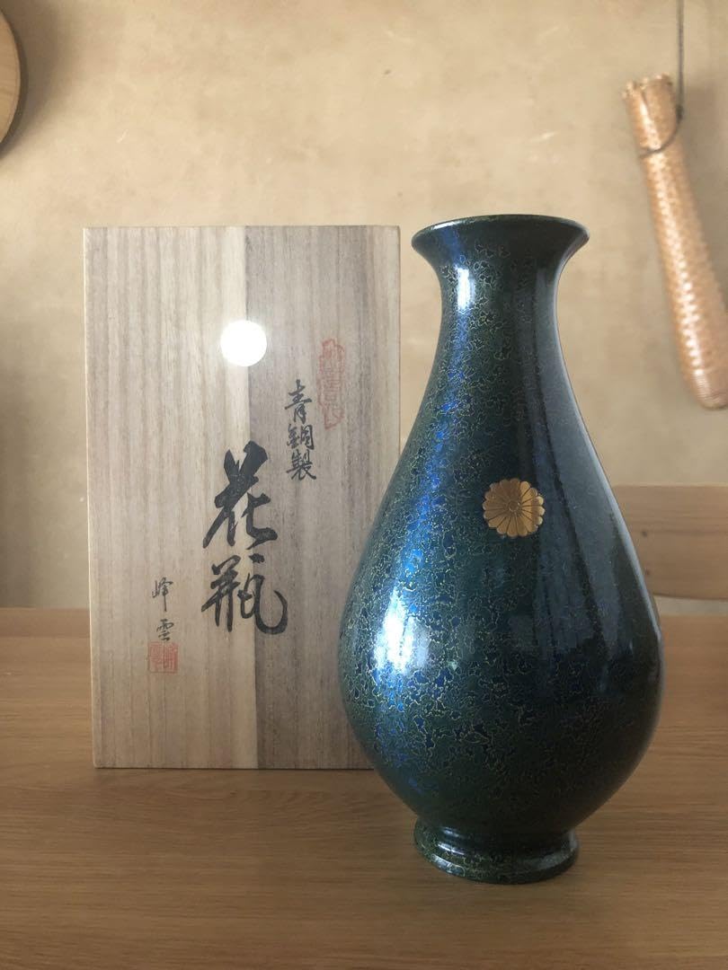 青銅製花瓶 古い希少な国産青銅花瓶 褐色緑青花鳥文 明治時代 40cm -