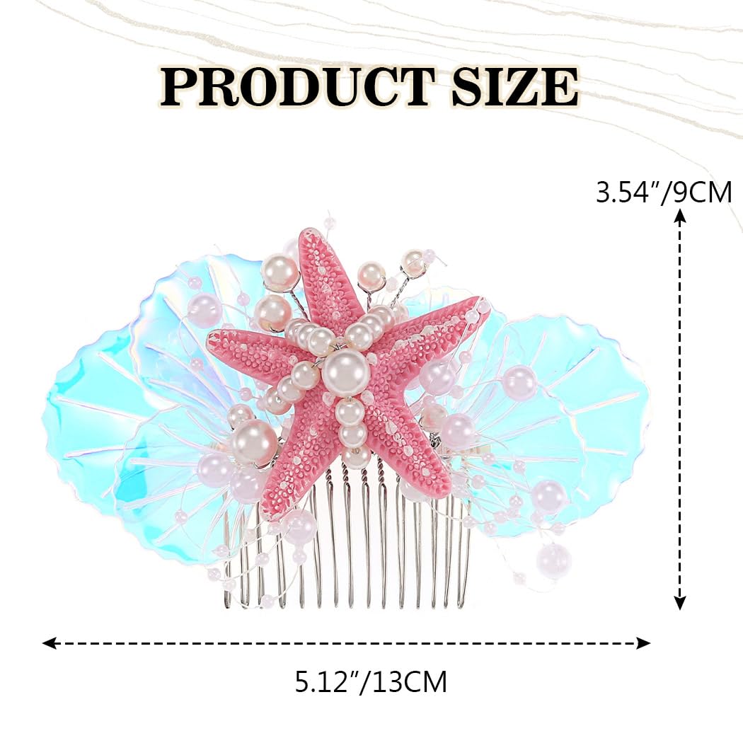 Mermaid Starfish Hair Comb Pearl Shell Hair Piece Beach Wedding Hair Accessories for Women (Pink) - Image 7