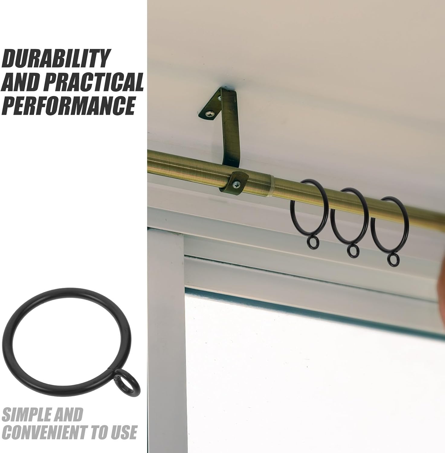 40pcs Metal Curtain Rings with Eyelet Design Iron Drapery Rings for Roman Rods and Window Curtains Sturdy Black Drapery Hoops for Shower and Festival Decoration