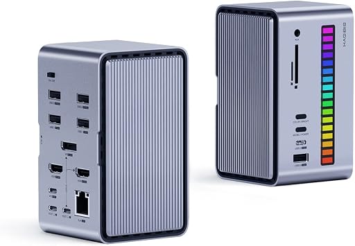Hagibis Dual USB C Docking Station Triple Monitor ، LED Strip Light USB-C Hub Type-C Adapter with 8K DP & HDMI، M.2 SSD Enclosure، 100W PD، USB 3.1, 1000 ميجابت في الثانية RJ45 لـ MacBook Air Pro و Laptop U100 Ultra